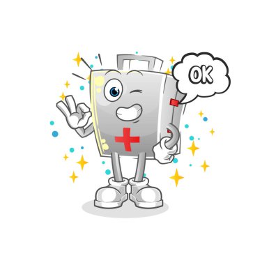 İlk yardım çantası maskot olduğunu gösteriyor. çizgi film vektörü