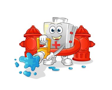 İlk yardım çantası itfaiyeci vektörü. çizgi film karakteri