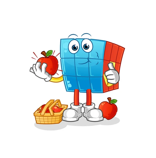 Rubik Cube Beim Apfel Essen Zeichenvektor — Stockvektor