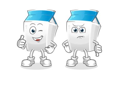 Süt başparmaklar yukarı ve baş parmaklar aşağı. çizgi film maskotu vektörü