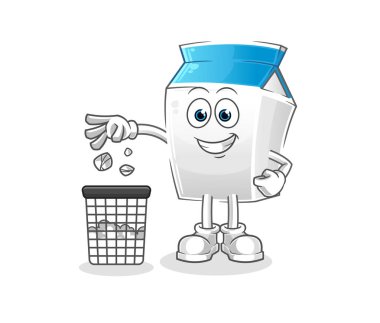 Süt, çöp atma maskotu. çizgi film vektörü