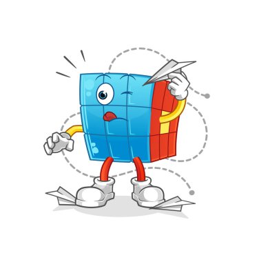 Kağıt uçak karakterli Rubik Küpü. çizgi film maskotu vektörü