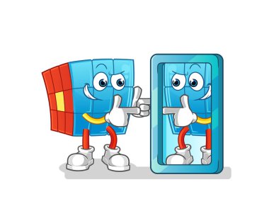 Rubik Küpü ayna karikatürüne bakıyor. çizgi film maskotu vektörü