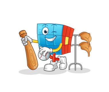 Rubik Küpü beyzbol maskotunu oynuyor. çizgi film vektörü