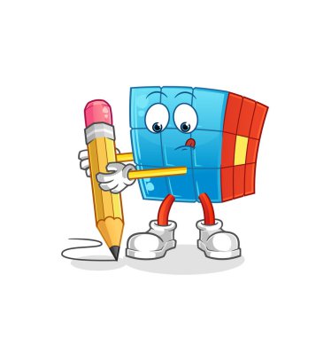Rubik Küpü kalemle yazar. çizgi film maskotu vektörü