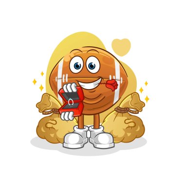 Ragbi topu yüzükle evlenme teklif ediyor. çizgi film maskotu vektörü