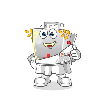 Yunan kıyafetleriyle ilk yardım çantası. çizgi film maskotu vektörü