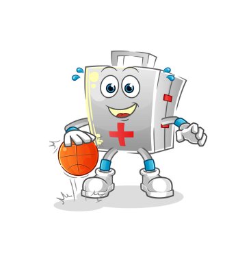 İlk yardım çantasında basketbol karakteri var. çizgi film maskotu vektörü