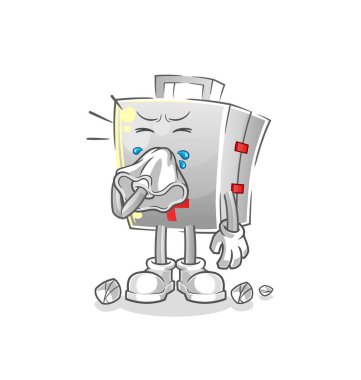 İlk yardım çantası burun sümkürme karakteri. çizgi film maskotu vektörü