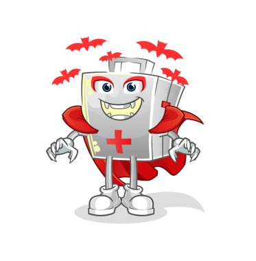 İlk yardım çantası Drakula illüstrasyonu. karakter vektörü