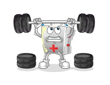 İlk yardım çantası halterciyi kaldırıyor. çizgi film maskotu vektörü