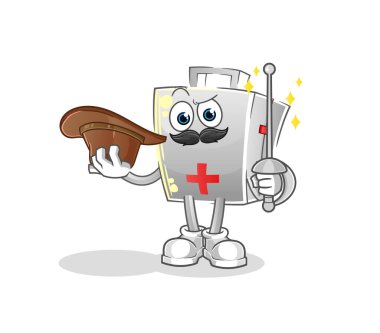 İlk yardım çantası eskrimcisi karakteri. çizgi film maskotu vektörü