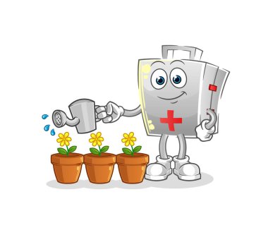 Çiçek maskotunu sulayan ilk yardım çantası. çizgi film vektörü