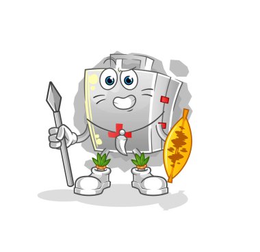 İlk yardım çantası Afrikalı kabile savaş maskotu. çizgi film vektörü