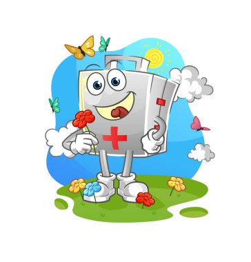 İlkyardım çantası ilkbaharda çiçek toplar. karakter vektörü