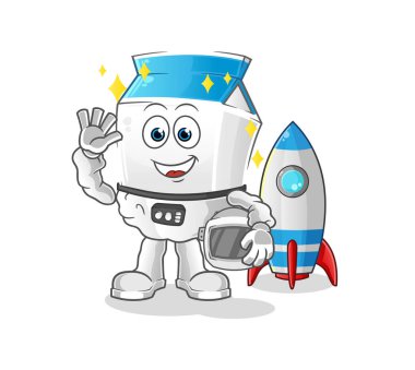 Süt astronotu el sallıyor. çizgi film maskotu vektörü