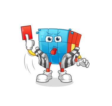 Kırmızı kart resimli Rubik Küp hakemi. karakter vektörü