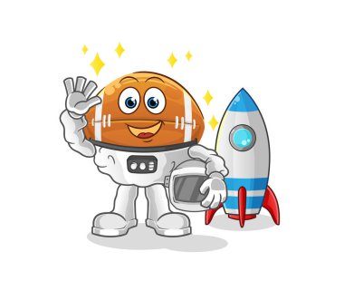 Rugby topu astronotu el sallıyor. çizgi film maskotu vektörü