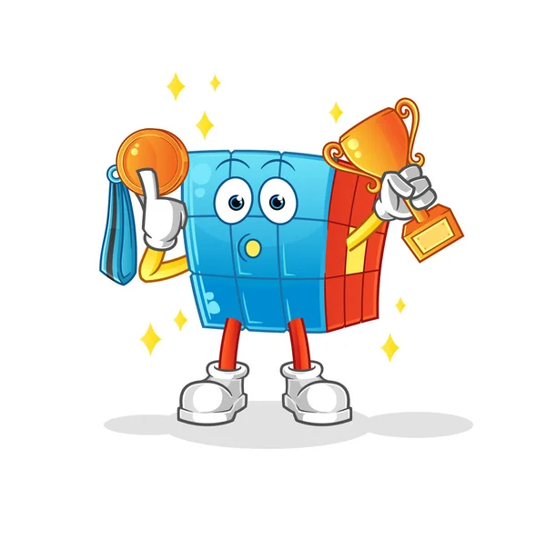 Rubik Cube Winner Trophie Cartoon Character — Stock Vector