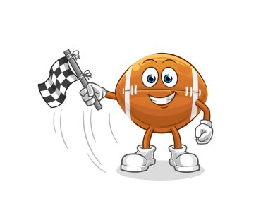 Rugby topu, bitiş bayrağı. çizgi film maskotu vektörü