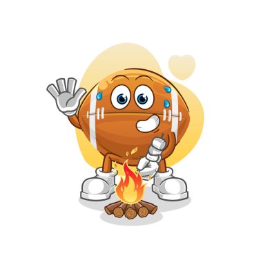 Rugby topu marşmelov kızartıyor. çizgi film maskotu vektörü