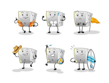 Zar plajı tatil seti karakteri. çizgi film maskotu vektörü