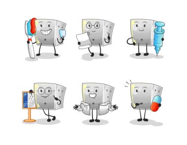 zar doktoru grup karakteri. çizgi film maskotu vektörü