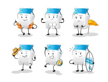 Süt plajı tatili. çizgi film maskotu vektörü