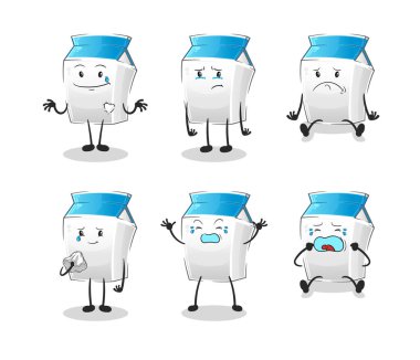 Süt üzgün grup karakteri. çizgi film maskotu vektörü