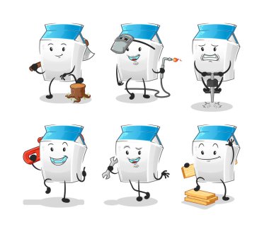 Süt işçisi karakter belirledi. çizgi film maskotu vektörü