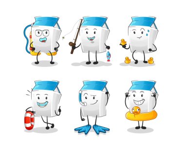 Süt suyu aktivite grubu. çizgi film maskotu vektörü