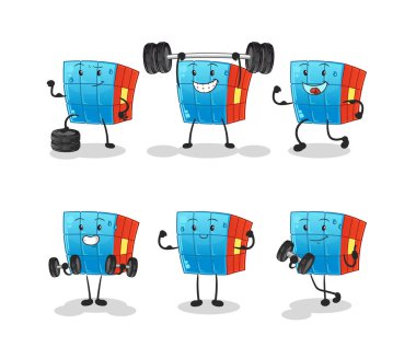 Rubik Küp egzersiz seti karakteri. çizgi film maskotu vektörü