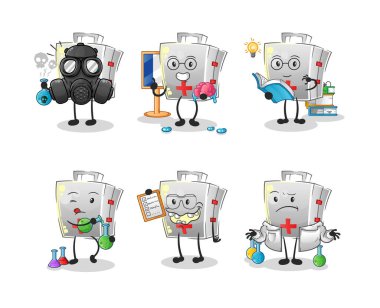 İlk yardım çantası bilim adamı grup karakteri. çizgi film maskotu vektörü