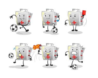 İlk yardım çantası futbol takımı karakteri. çizgi film maskotu vektörü