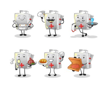 İlk yardım çantası restoran grubu karakteri. çizgi film maskotu vektörü