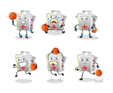 İlk yardım çantası basketbol oyuncusu grup karakteri. maskot vektörü