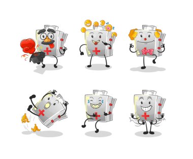 İlk yardım seti komedi seti karakteri. çizgi film maskotu vektörü