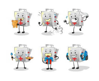 İlk yardım çantası çocuk grubu karakteri. çizgi film maskotu vektörü