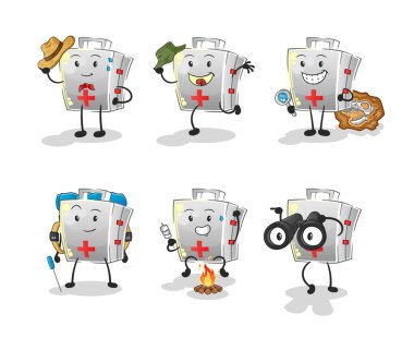 İlk yardım çantası macera grubu karakteri. çizgi film maskotu vektörü
