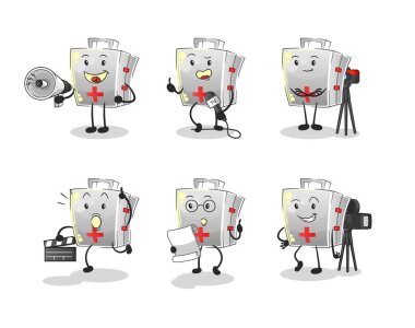 İlk yardım çantası eğlence grubu karakteri. çizgi film maskotu vektörü