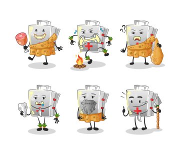 İlk yardım çantası ilkel insan grubu karakteri. maskot vektörü