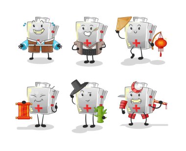 İlk yardım çantası Asya kültürü seti. çizgi film maskotu vektörü