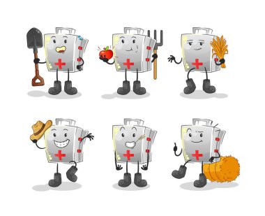 İlk yardım çantası çiftçi grubu karakteri. çizgi film maskotu vektörü