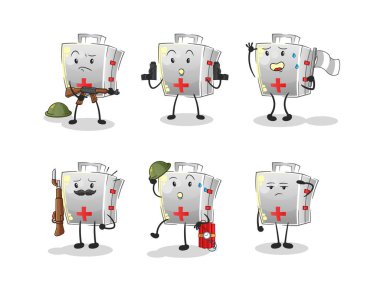 İlk yardım çantası askeri karakteri. çizgi film maskotu vektörü