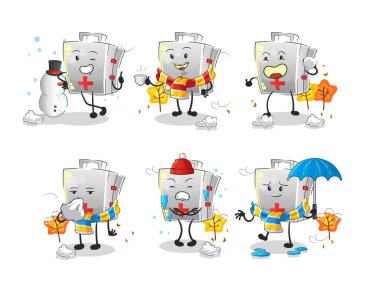 Soğuk hava karakter maskotu vektöründeki ilk yardım kiti