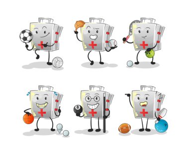 İlk yardım çantası spor seti karakteri. çizgi film maskotu vektörü