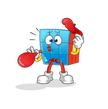 Rubik küp pandomim balonu şişiriyor. çizgi film maskotu vektörü