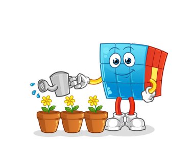 Rubik Küpü çiçek maskotunu suluyor. çizgi film vektörü