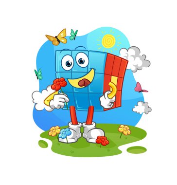 Rubik Küpü baharda çiçek toplar. karakter vektörü