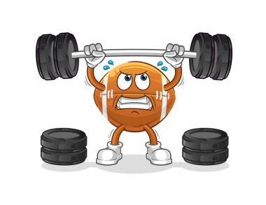 Ragbi topu halterciyi kaldırıyor. çizgi film maskotu vektörü